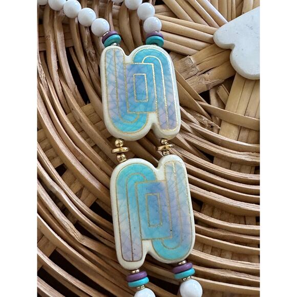 Vintage 80s Necklace/Earring Set Ceramic White Turquoise Happy Fun Accessories - Picture 8 of 9